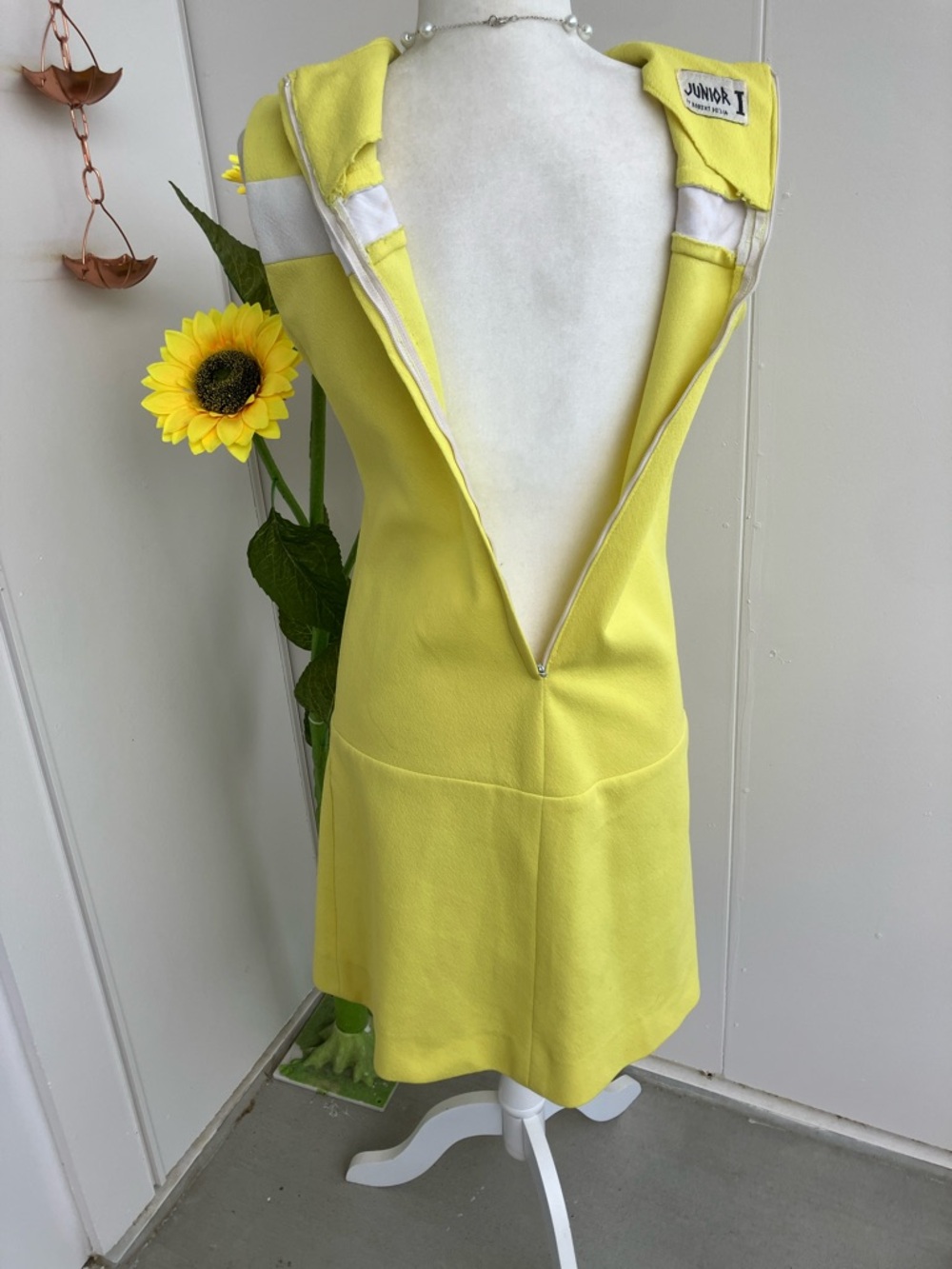 Vintage 60s Mod Bright Yellow White Stripe Knee Length Boxy Sleeveless Dress - Picture 13 of 14
